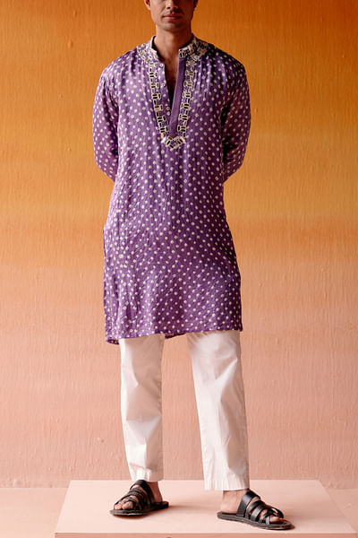 Purple bandhani mirror embroidery kurta set