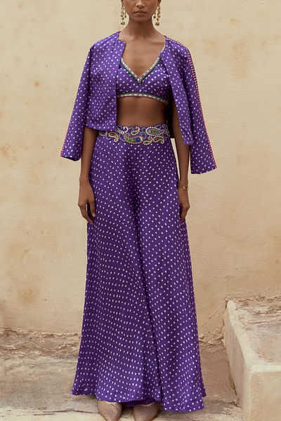 Purple bandhej jacket sharara set