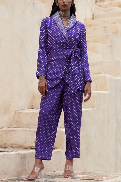 Purple bandhej wrap jacket set
