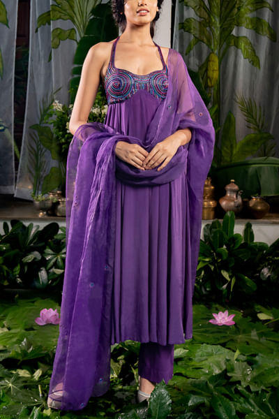 Purple beaded anarkali set