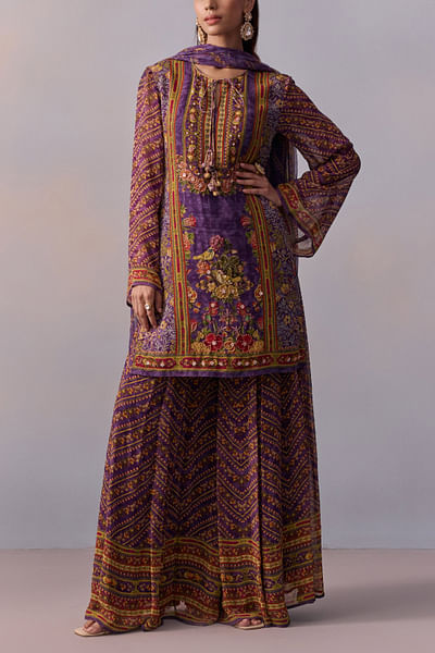 Purple chevron and floral printed sharara set
