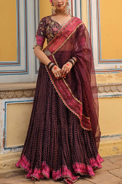 Purple chintz print crushed lehenga set