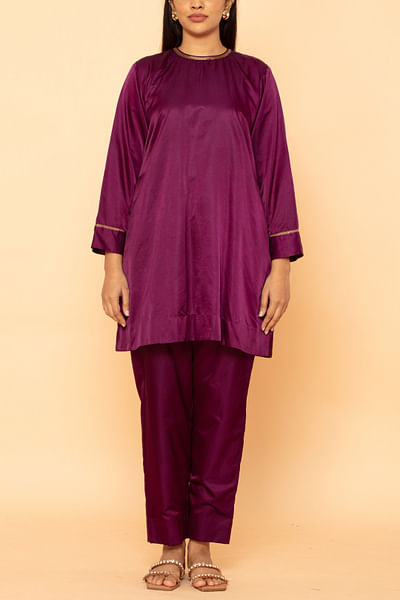 Purple cotton silk short kurta set