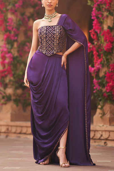 Purple cowl draped skirt set