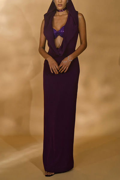 Purple cowl hood gown set