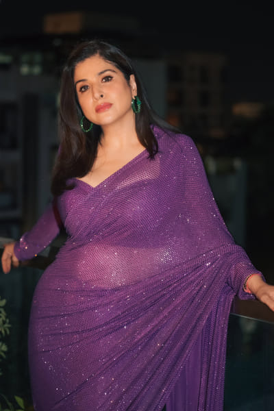 Itrh Purple crystal studded pre-stitched sari set ITRJAN25D14810
