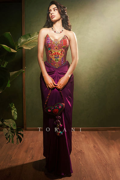 Purple digital printed corset and skirt set