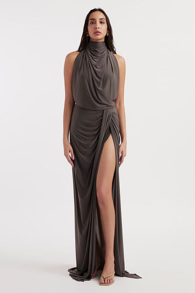 Purple dove cowl draped gown