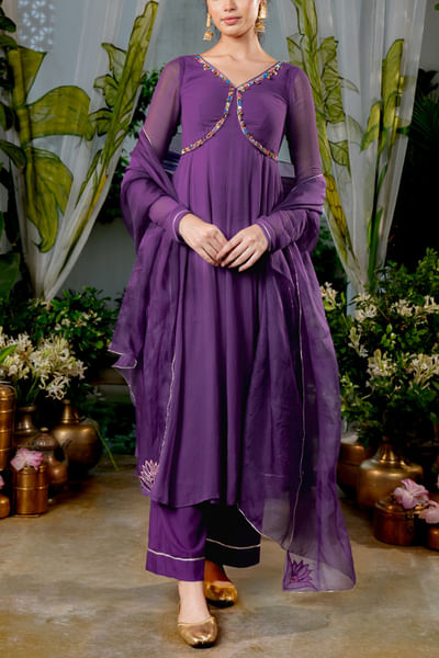 Purple embellished anarkali set