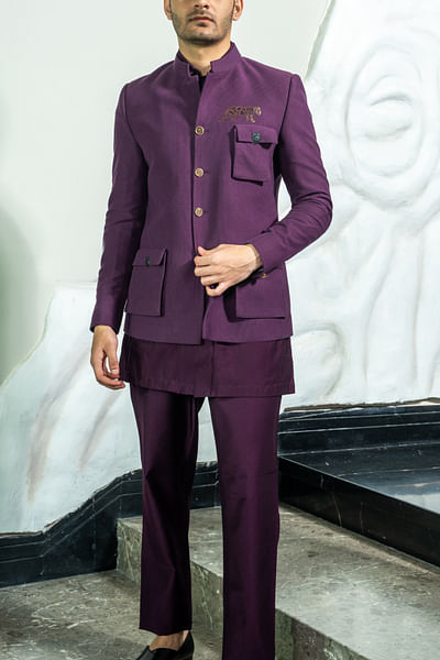 Purple embellished corduroy jacket set