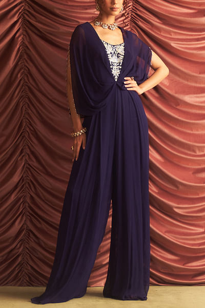 Purple embellished draped jumpsuit