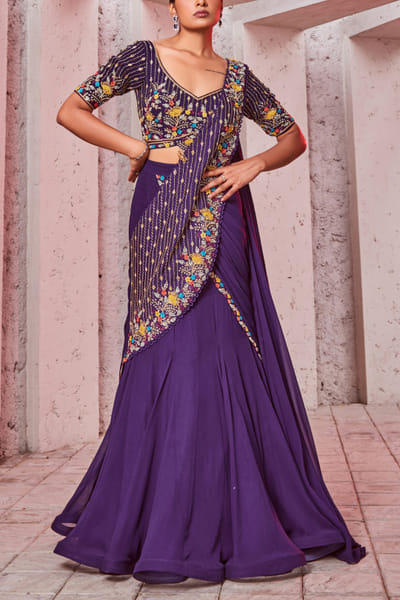 Miku Kumar Purple embellished draped sari set MKUJAN24D228