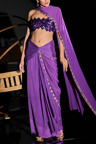 Purple embellished pre-draped lehenga sari set