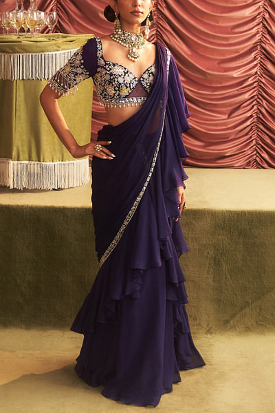 Purple embellished pre-draped sari set