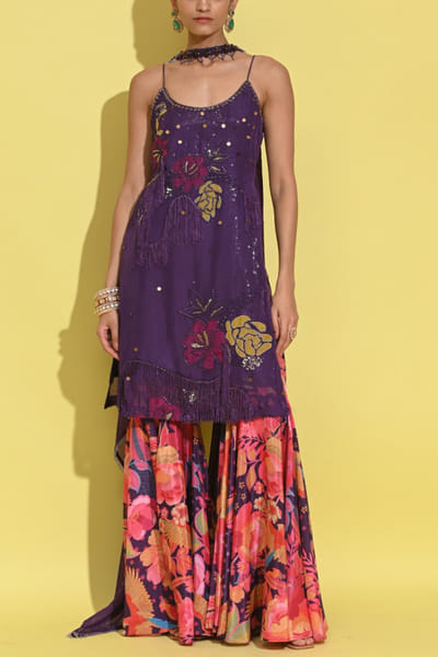 Purple embellished tropical print sharara set