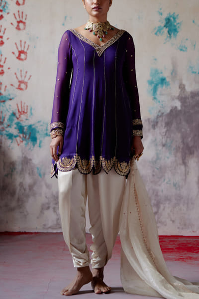 Purple embroidered anarkali dhoti set