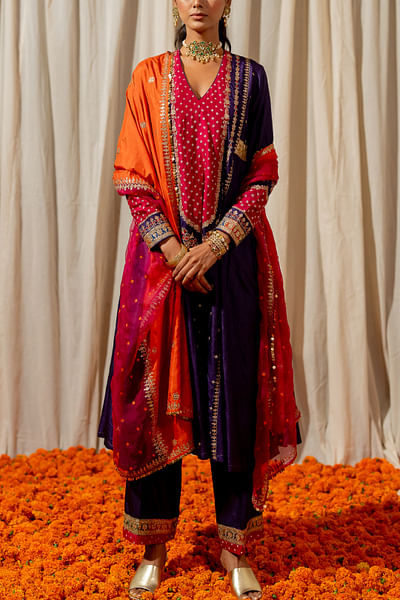 Purple embroidered bandhani anarkali set