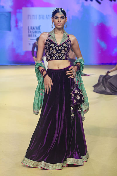 Purple embroidered blouse and lehenga set