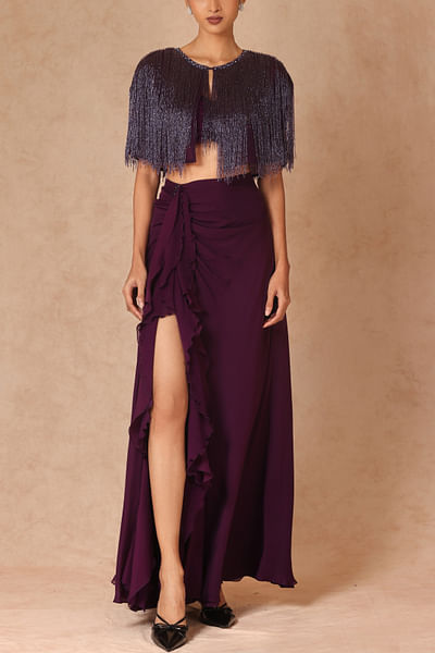 Purple embroidered capelet and chiffon skirt