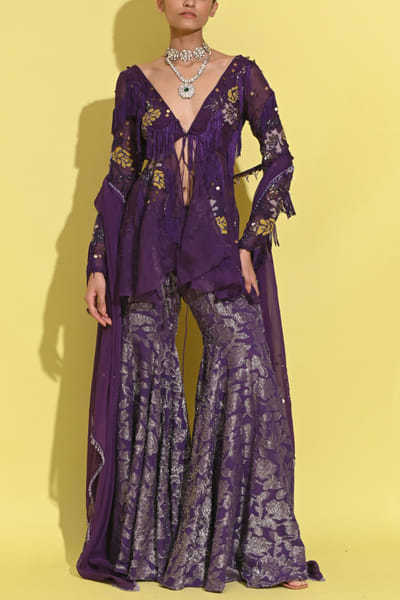 Purple embroidered fringed jacket set