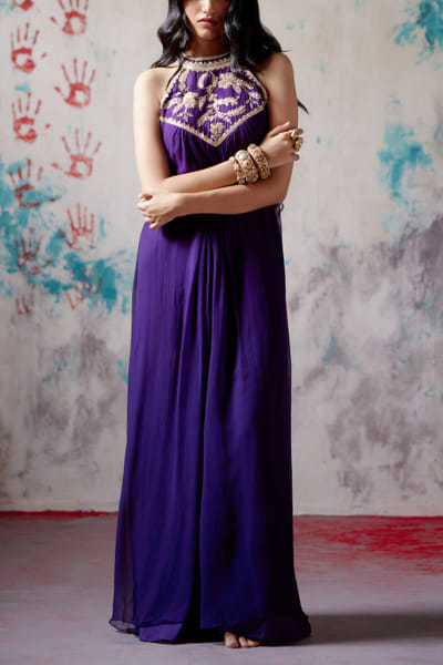 Purple embroidered halter neck dress