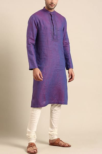 Purple embroidered linen kurta set