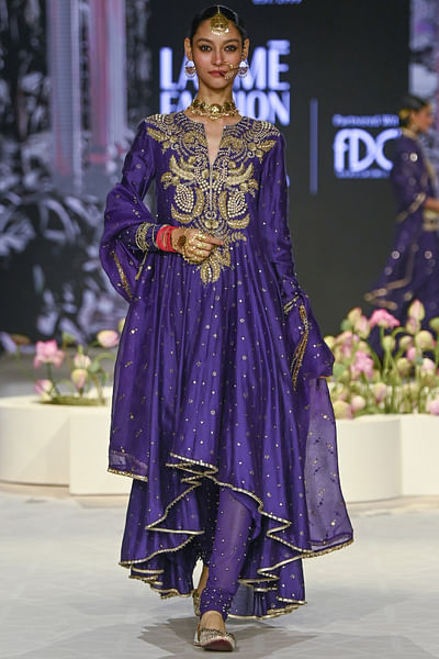 Purple embroidered mukaish anarkali set