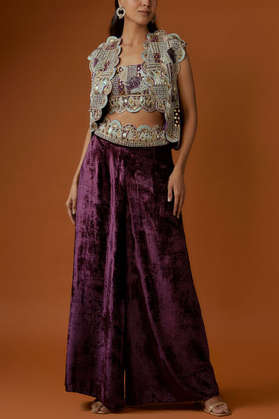 Purple embroidered scalloped jacket set