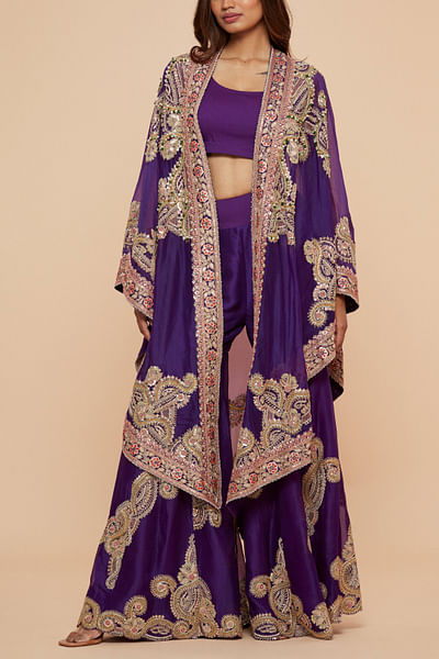 Purple embroidered sharara and cape set