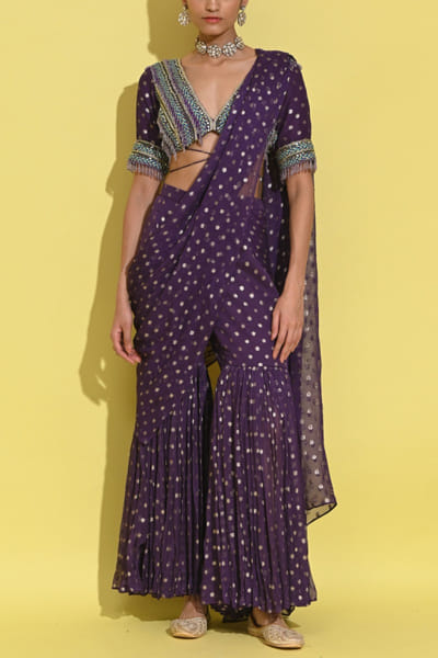 Purple embroidered sharara sari set