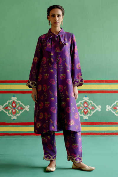 Purple floral chintz printed tunic set