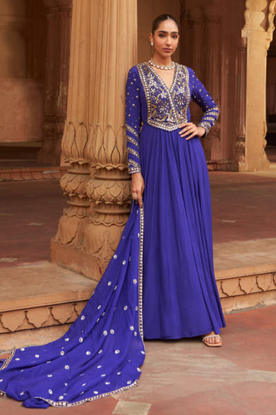 Nidhika Shekhar Purple floral embroidered anarkali set NIDFEB25D116493