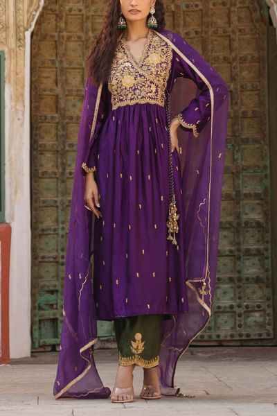 Purple floral embroidered angrakha kurta set