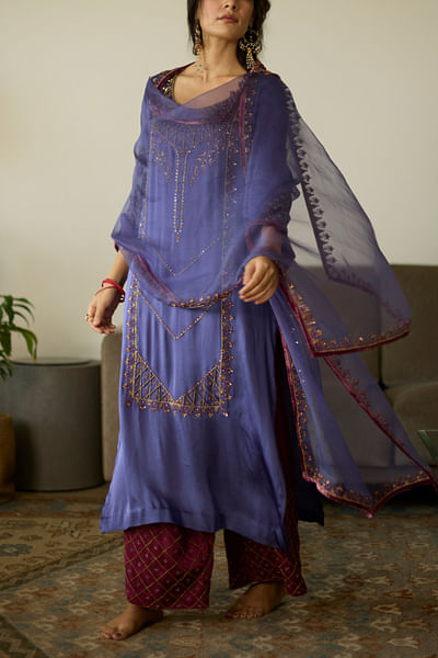 Purple floral embroidered dupatta