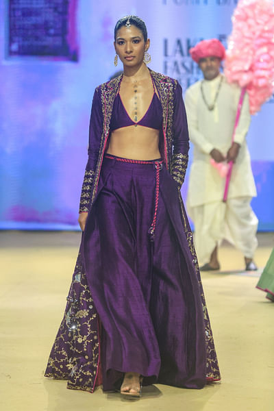 Purple floral embroidered jacket set