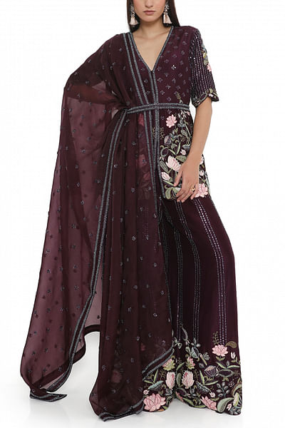 Purple floral embroidered kurta set
