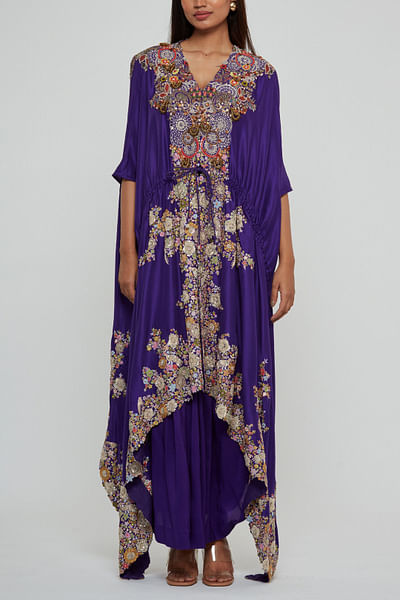 Purple floral embroidered open kaftan set