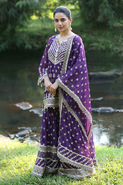 Purple floral embroidered sharara set