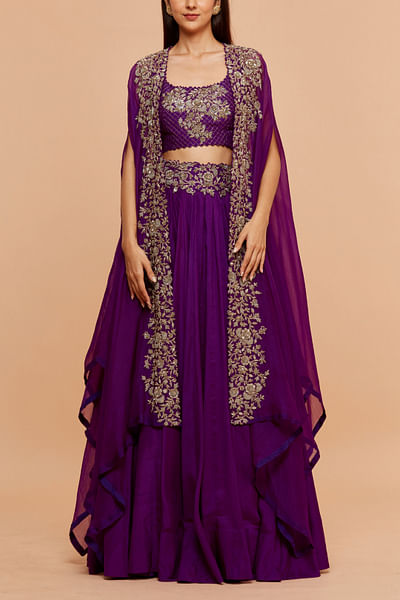 Purple floral embroidery cape and lehenga set