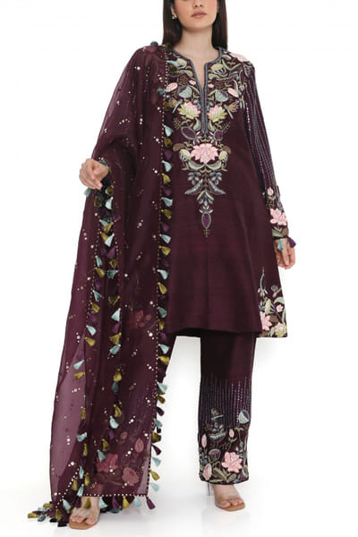 Purple floral embroidery kurta set