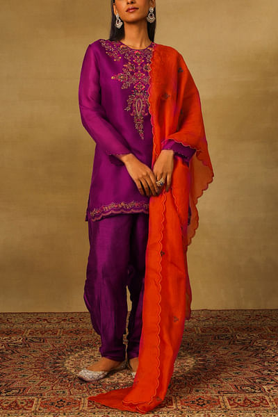 Purple floral embroidery short kurta set
