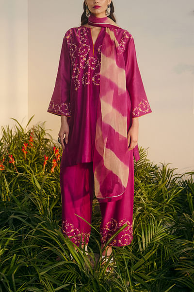 Purple floral embroidery short kurta set