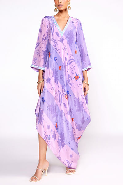 Purple floral print asymmetric dress