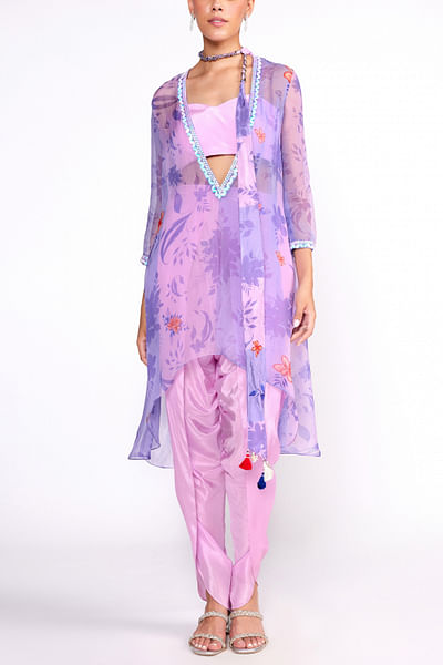 Purple floral print asymmetric tunic set