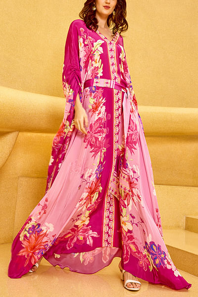 Purple floral print belted kaftan