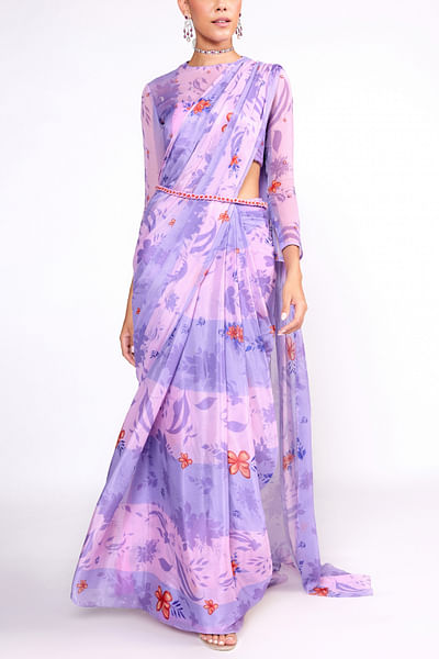 Purple floral print pre-draped sari set