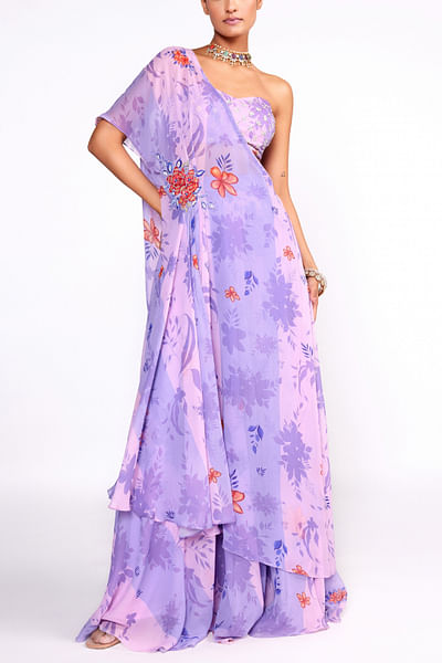 Purple floral print sharara set
