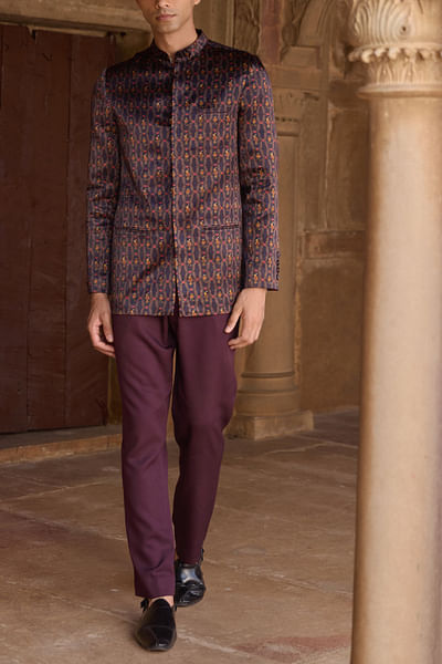 Purple floral printed achkan set