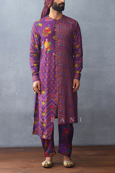 Purple floral printed asymmetric kurta set