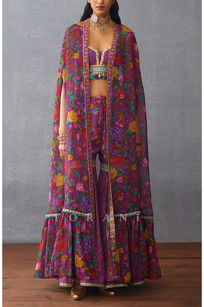 Purple floral printed cape and sharara set